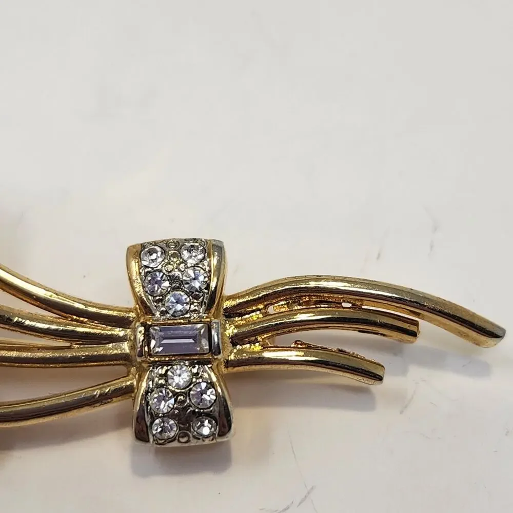 Tulip Bouquet Gold Tone Clear Rhinestone Brooch Flowers Floral Costume Jewelry
